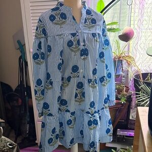 Floral Blue and White Striped Mini Dress